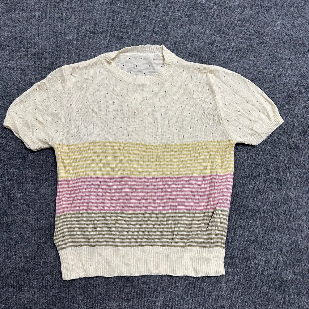 Unbranded Knit Sweater Womens Size S Cream Pastel Stripe Pointelle Short Sleeve